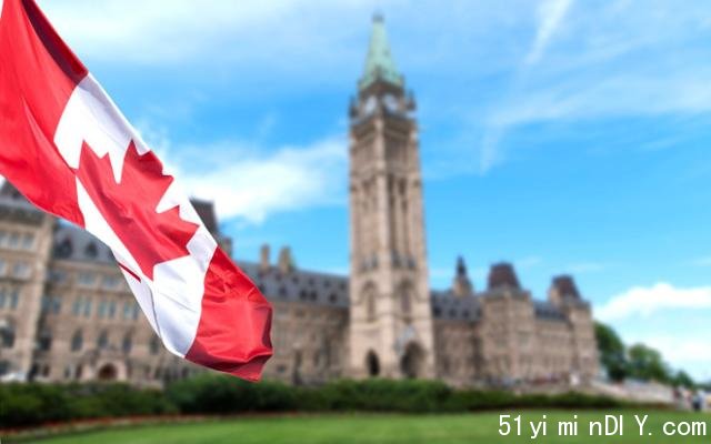 Canadian flag with the Canadian Parliament building in the background.